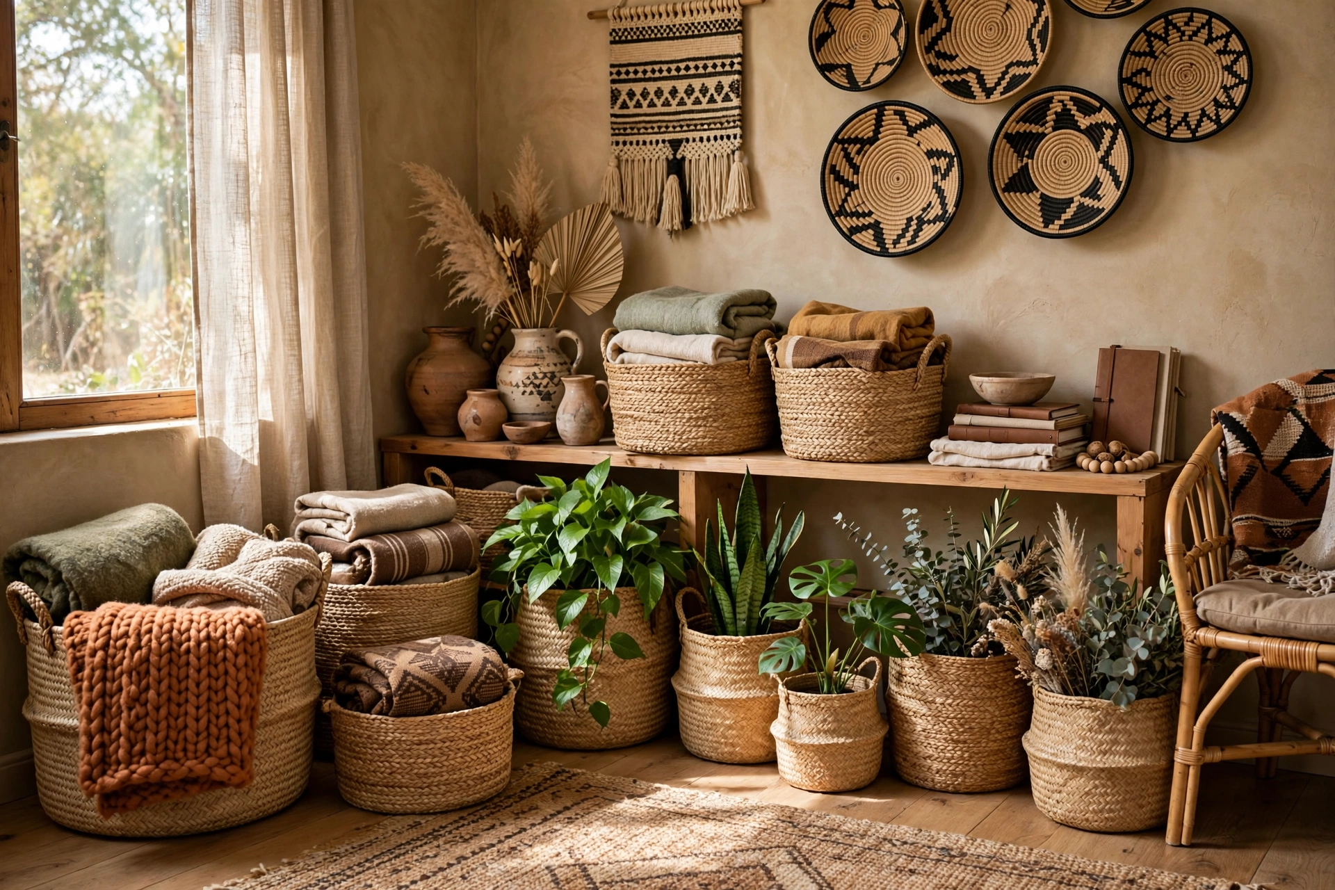 African woven baskets used for stylish storage in an Afrohemian studio