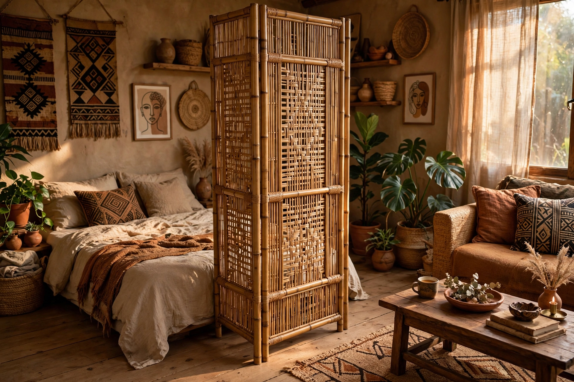 Bamboo room divider zoning a sleeping area in an Afrohemian studio apartment