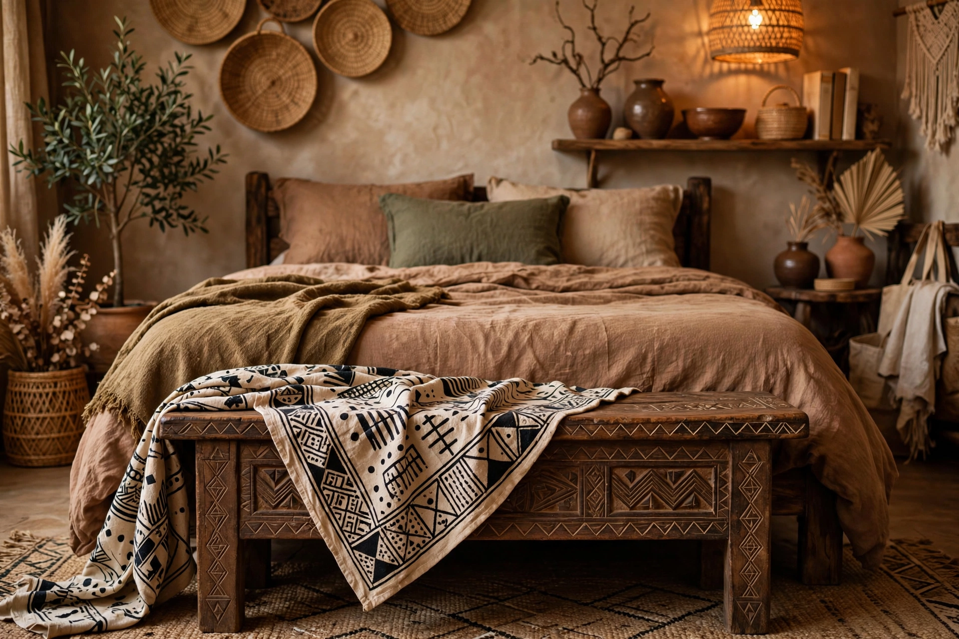 Carved wooden bench at the foot of a bed in an Afrohemian studio