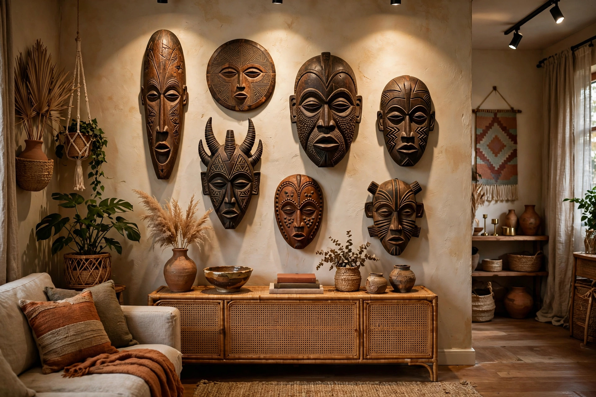 African masks displayed as wall art in an Afrohemian studio apartment
