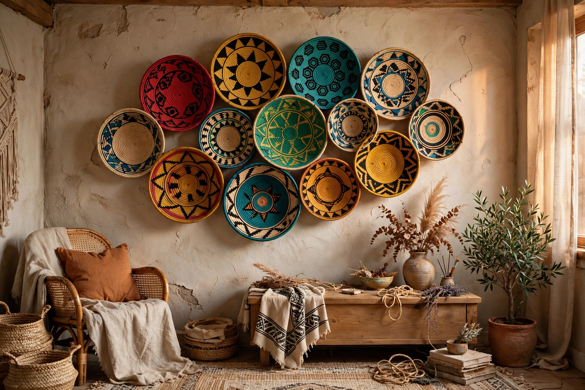 Woven African baskets arranged as wall art in an Afrohemian studio
