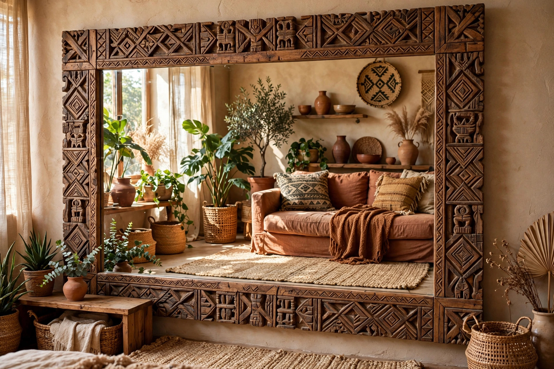 Large mirror with carved wooden frame in an Afrohemian studio apartment