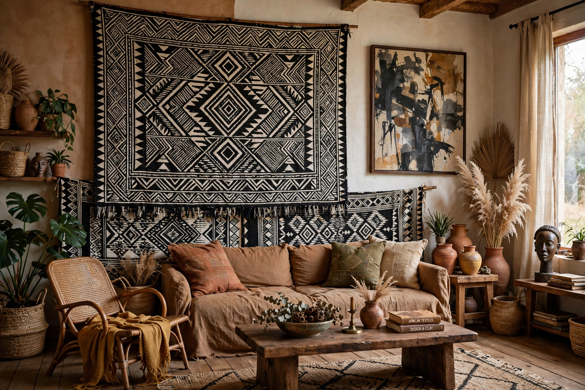 Large African-inspired tapestry as focal point in an Afrohemian studio