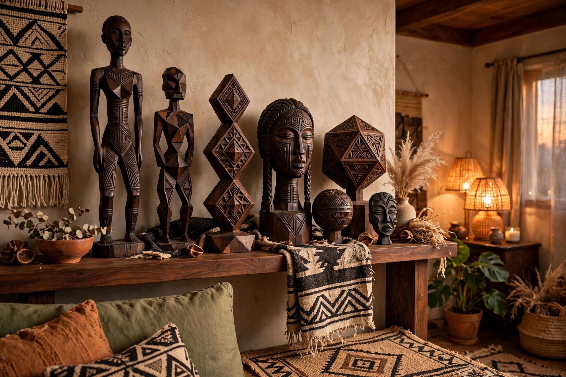 Hand-carved wooden sculptures displayed in an Afrohemian studio apartment