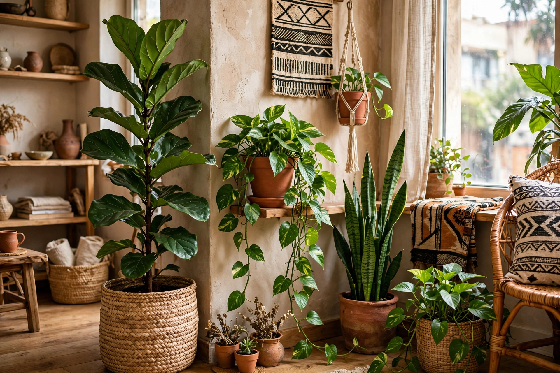 Lush plant corner with varied greenery in an Afrohemian studio apartment