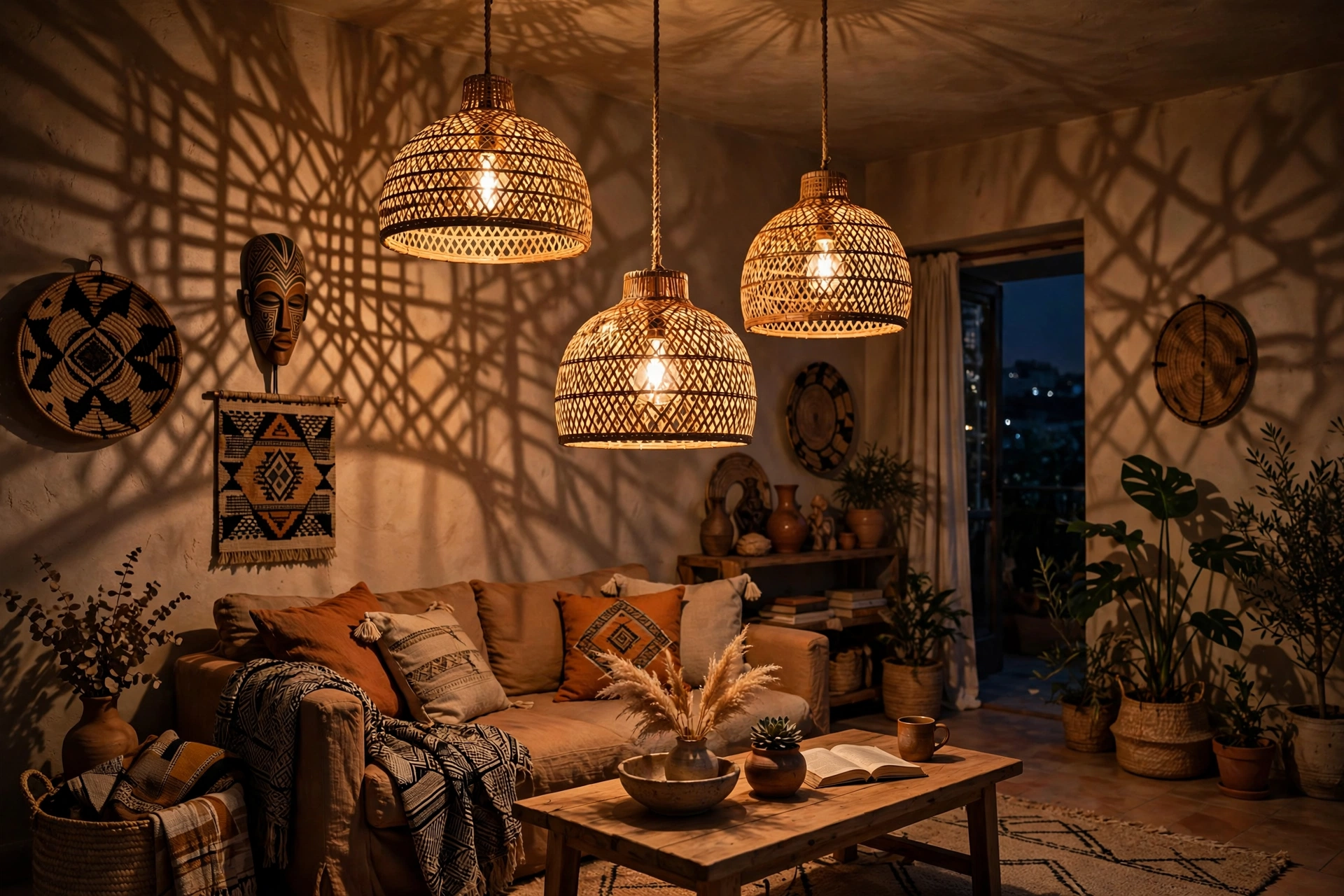 Woven rattan pendant lights casting patterned shadows in an Afrohemian studio
