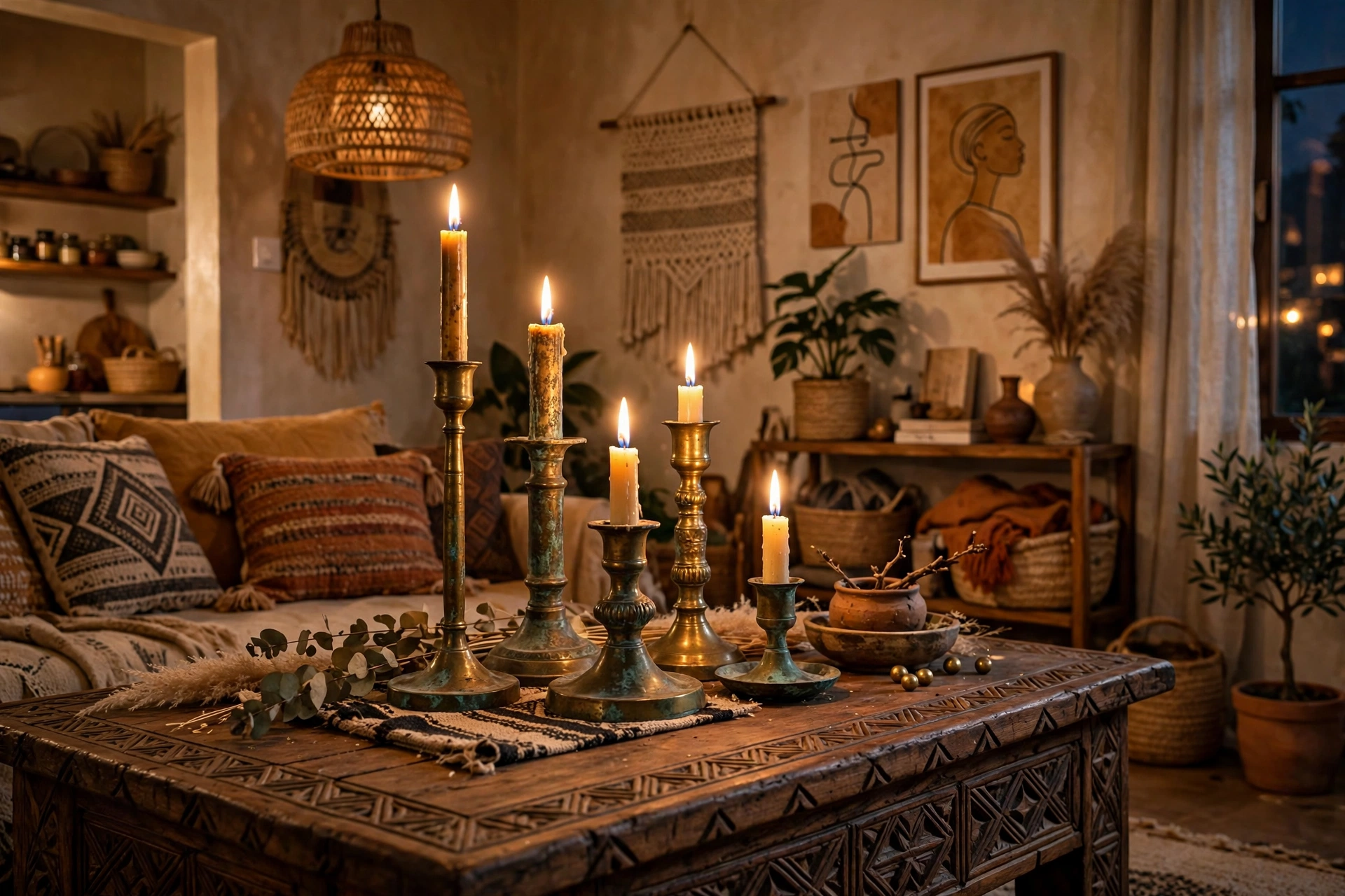 Brass candle holders grouped on a table in an Afrohemian studio apartment