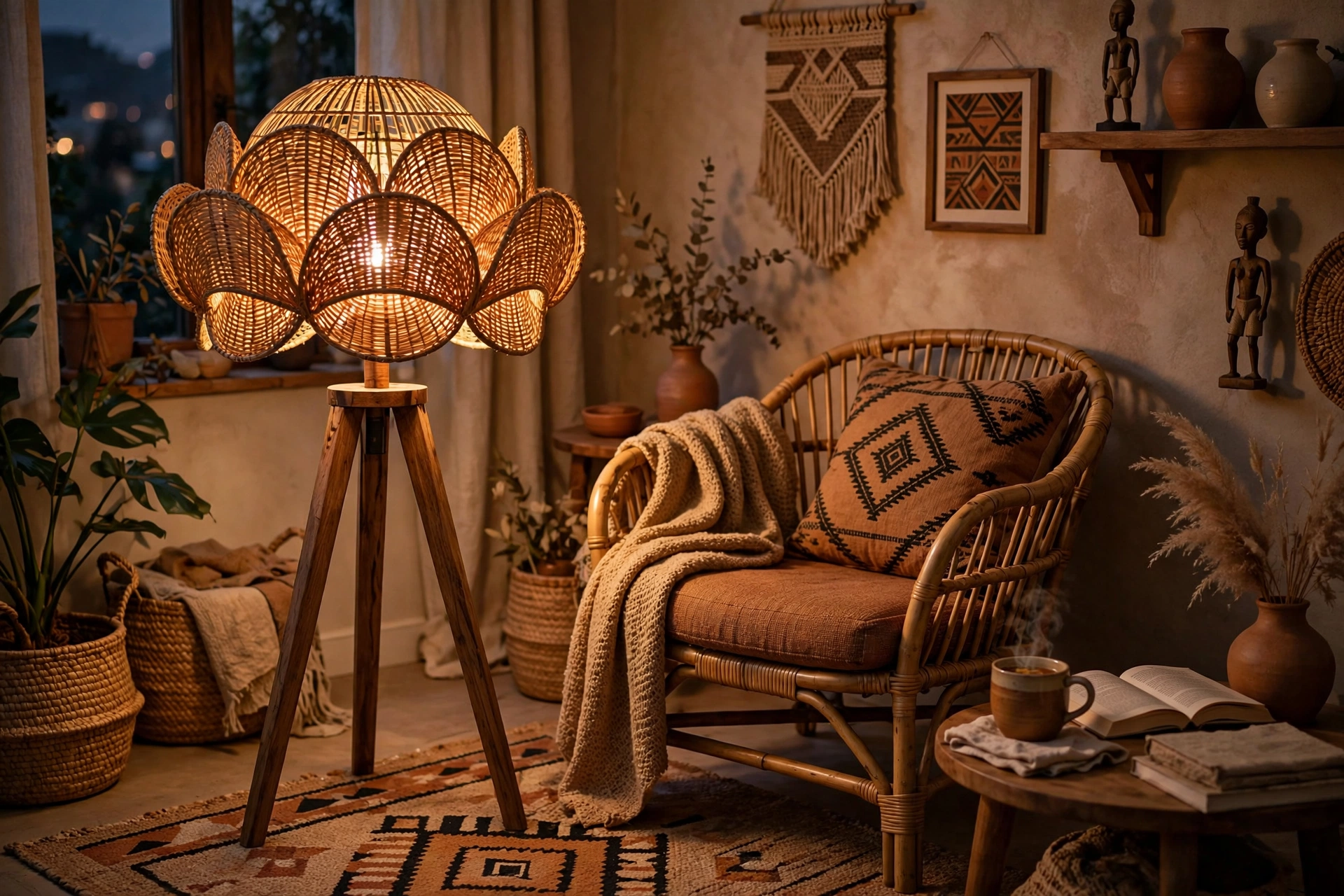 Sculptural floor lamp with natural shade in an Afrohemian studio reading corner