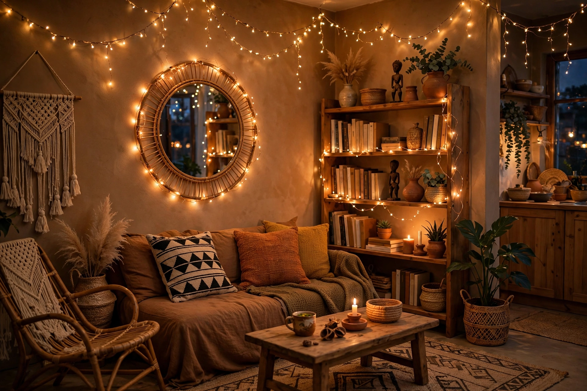 Warm fairy lights draped in an Afrohemian studio apartment for cozy ambiance