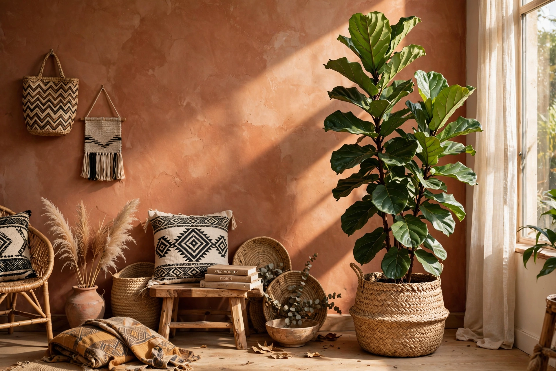 Large fiddle leaf fig plant in a woven basket in an Afrohemian studio