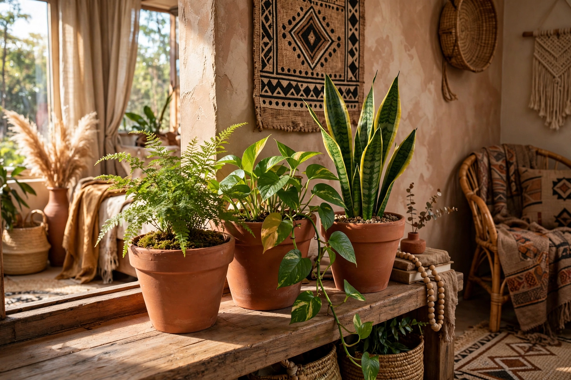 Terracotta planters with varied plants in an Afrohemian studio apartment