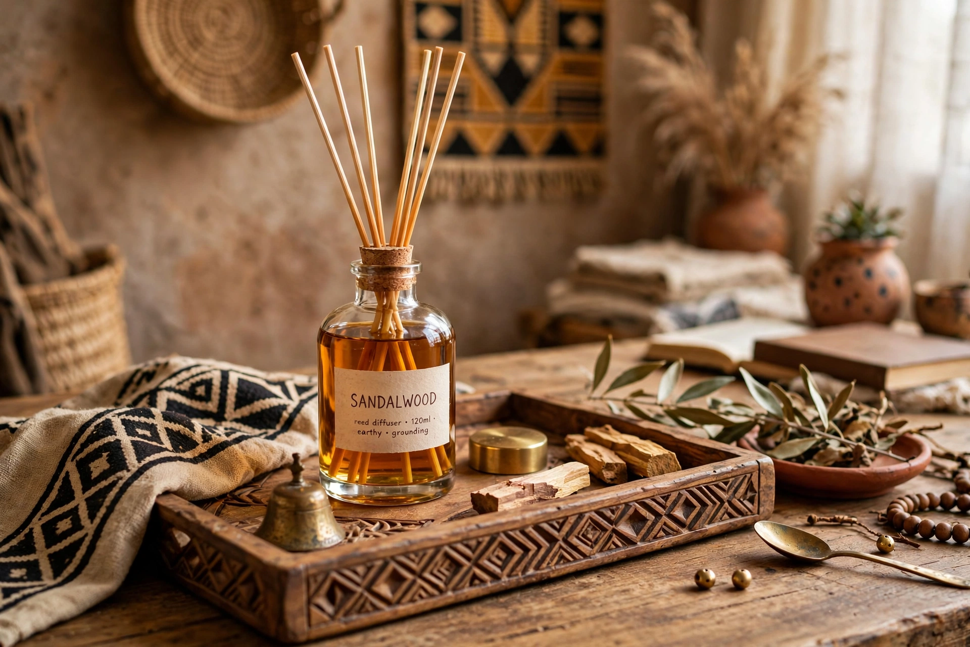 Earthy scent diffuser on a wooden table in an Afrohemian studio