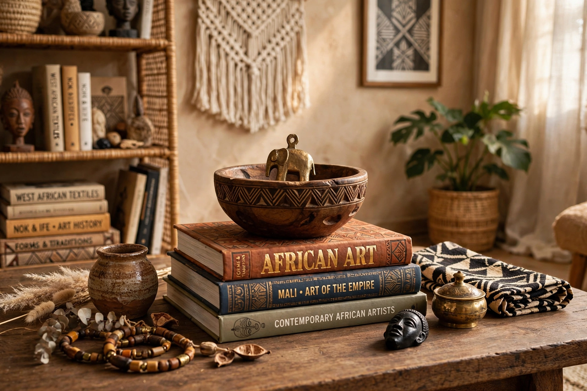 Art books and artifacts styled on a coffee table in an Afrohemian studio