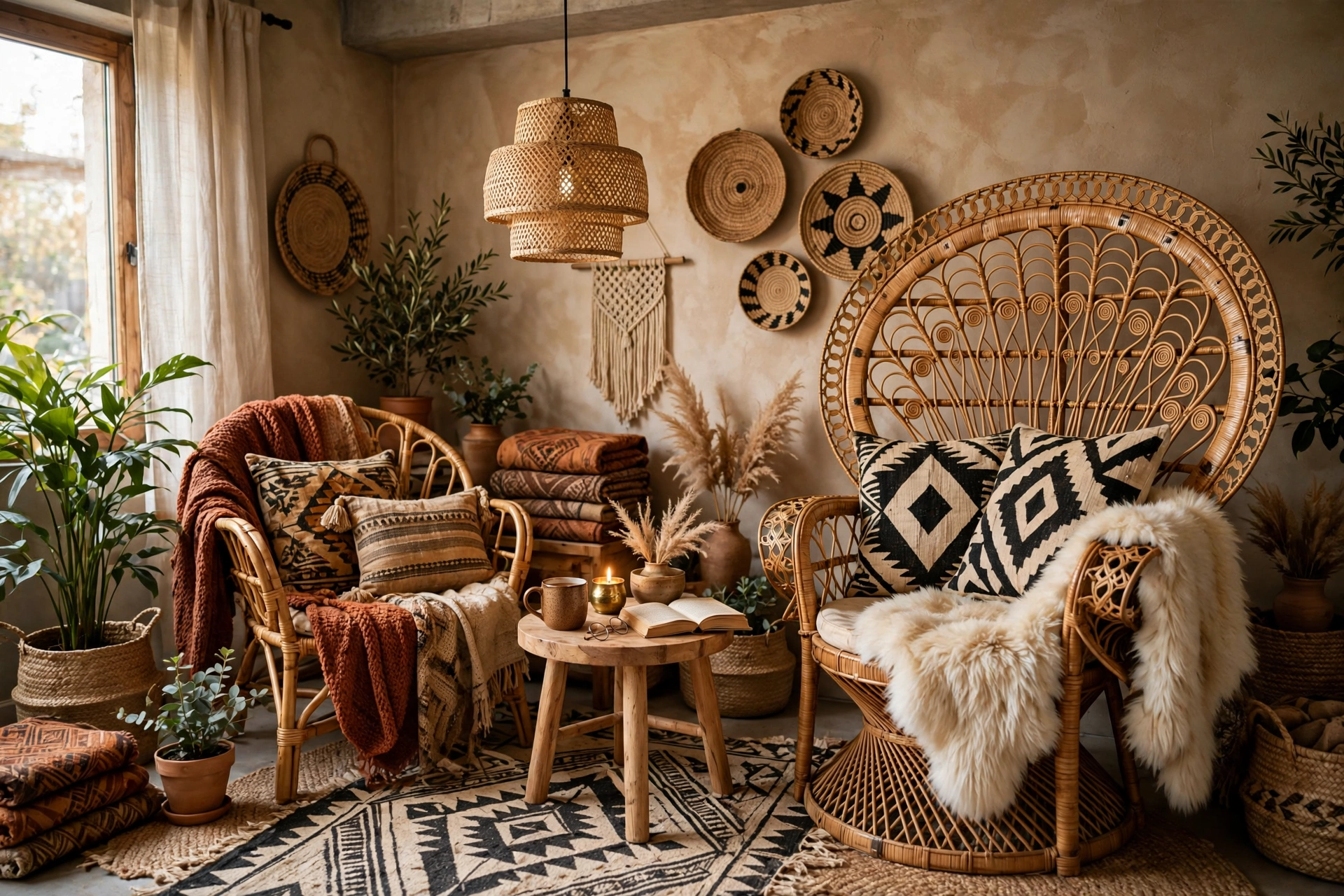 Cozy Afrohemian reading nook with rattan chair and layered textiles in a studio