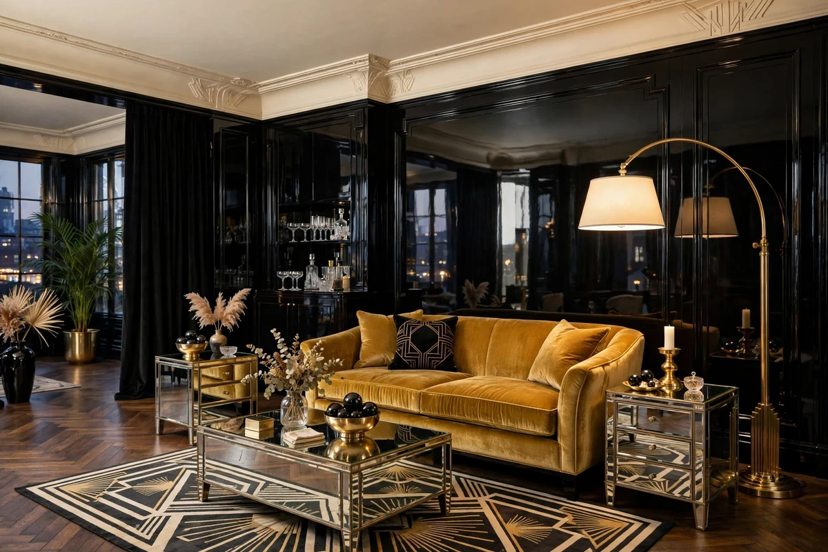 Living room with dramatic black lacquer walls and gold accents