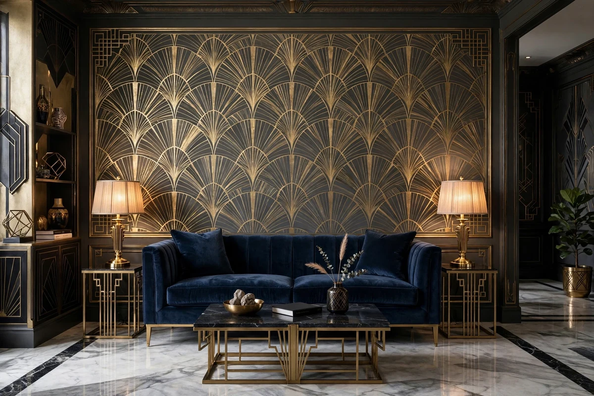 Art deco geometric wallpaper in gold and charcoal behind a velvet sofa