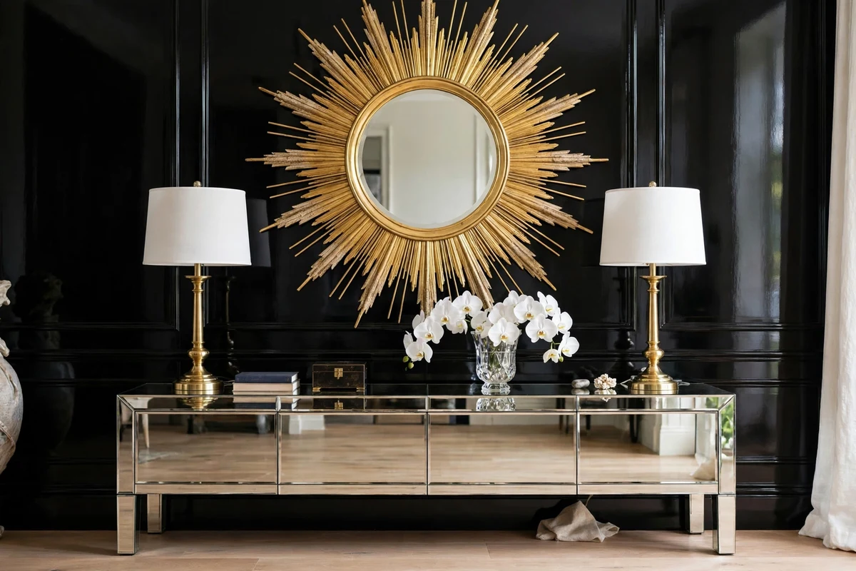 Gold sunburst mirror hanging above a mirrored console table