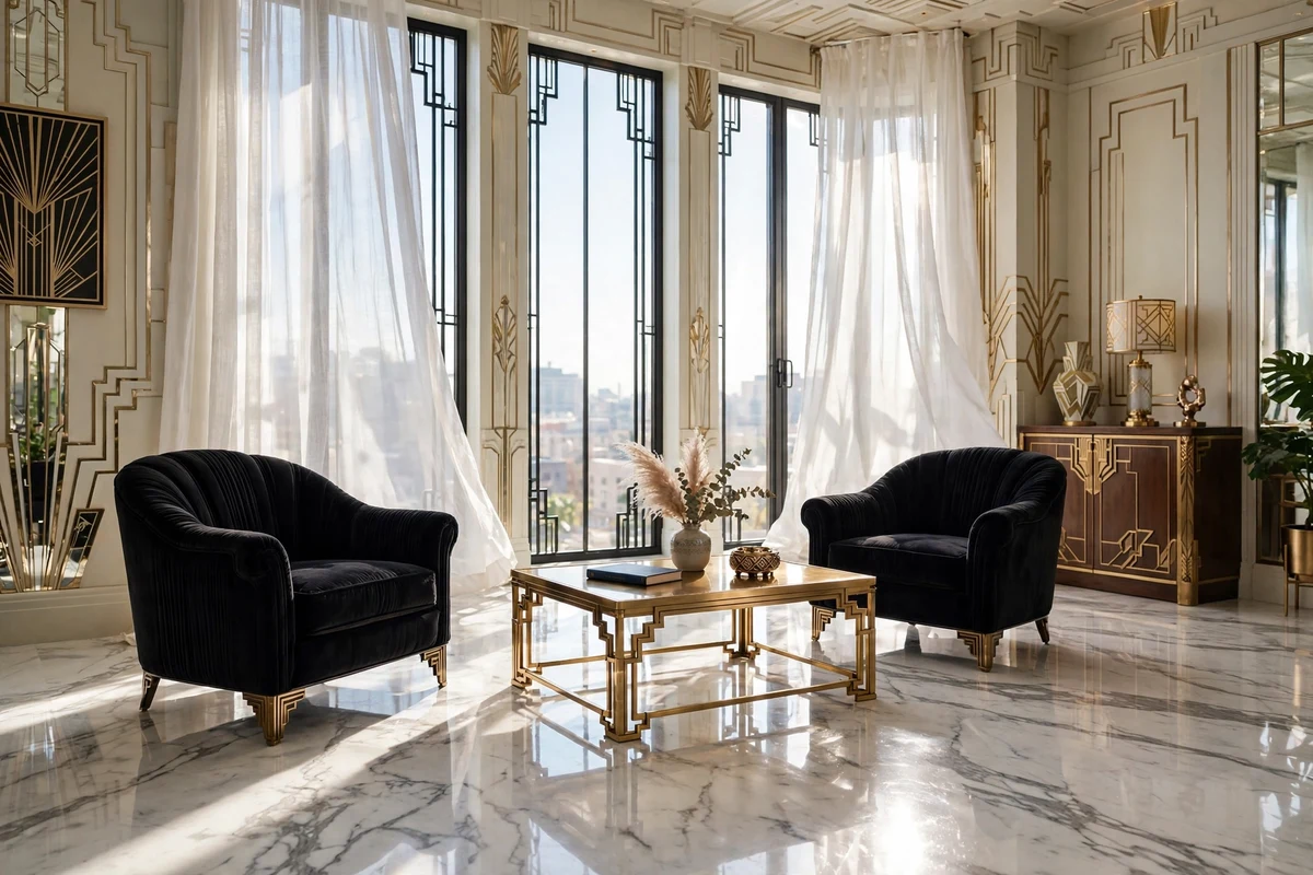 Polished marble floor in an art deco living room with velvet furniture
