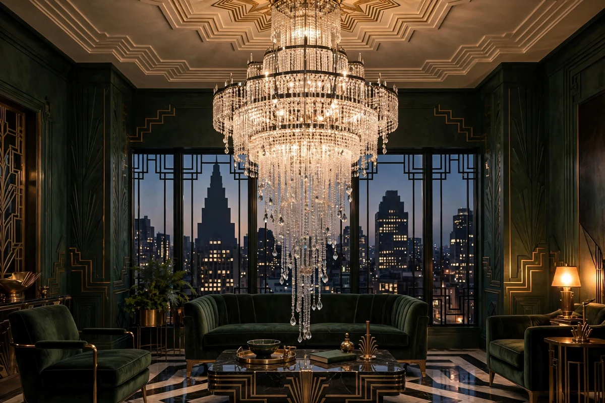 Tiered crystal chandelier in an art deco living room