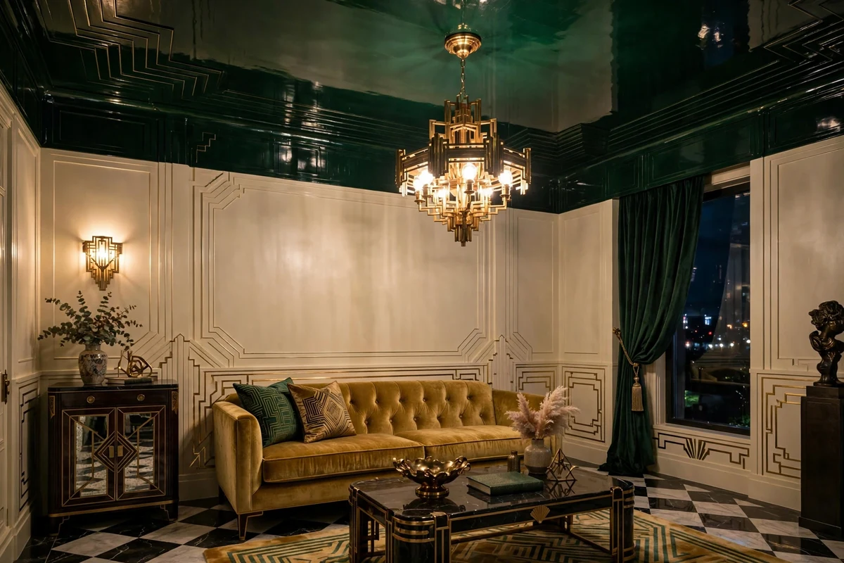 Deep emerald lacquered ceiling with brass chandelier in art deco living room