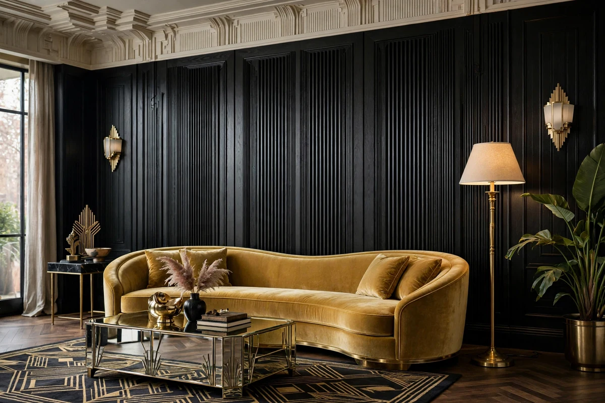 Fluted wall panels painted black behind a gold velvet sofa