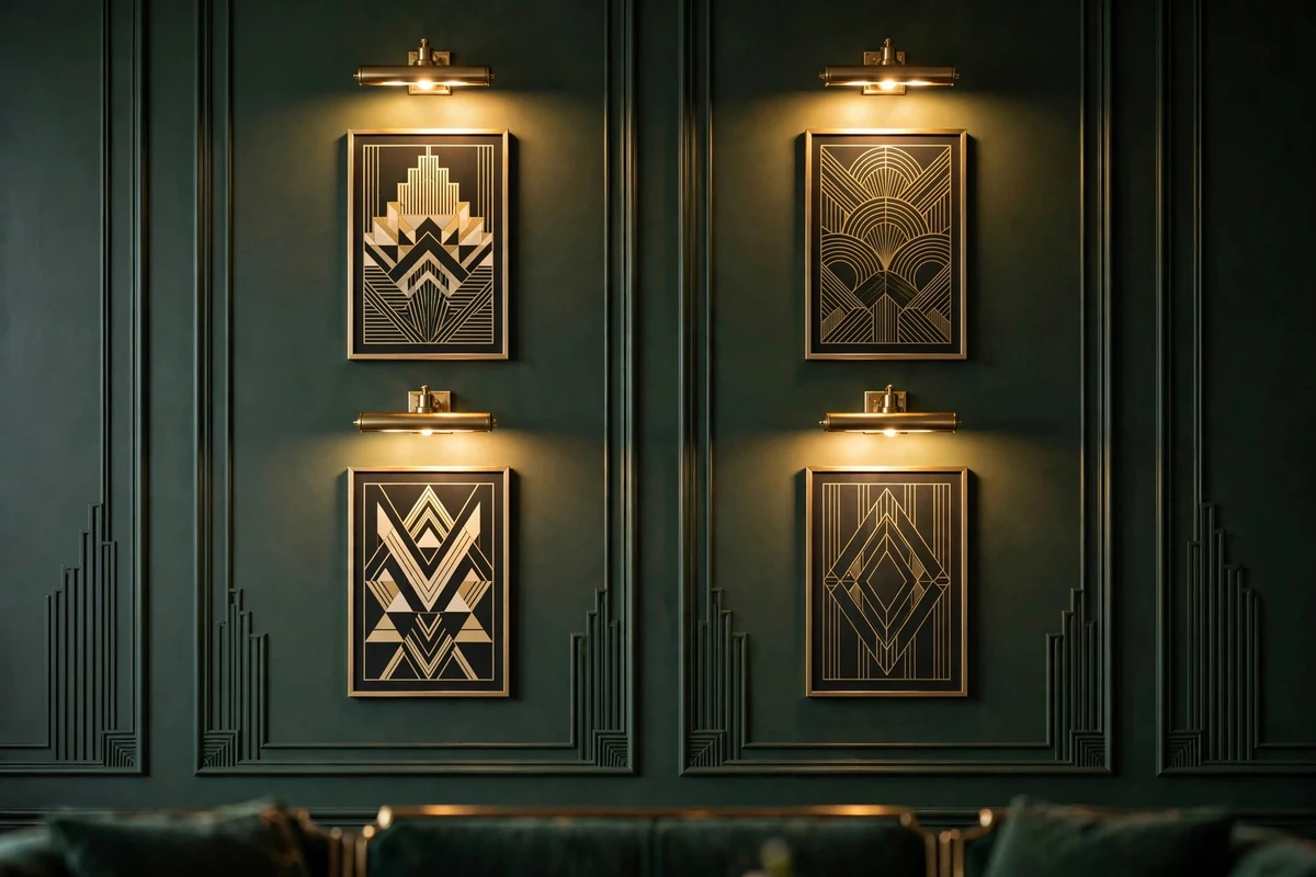Brass picture lights illuminating framed art in an art deco living room