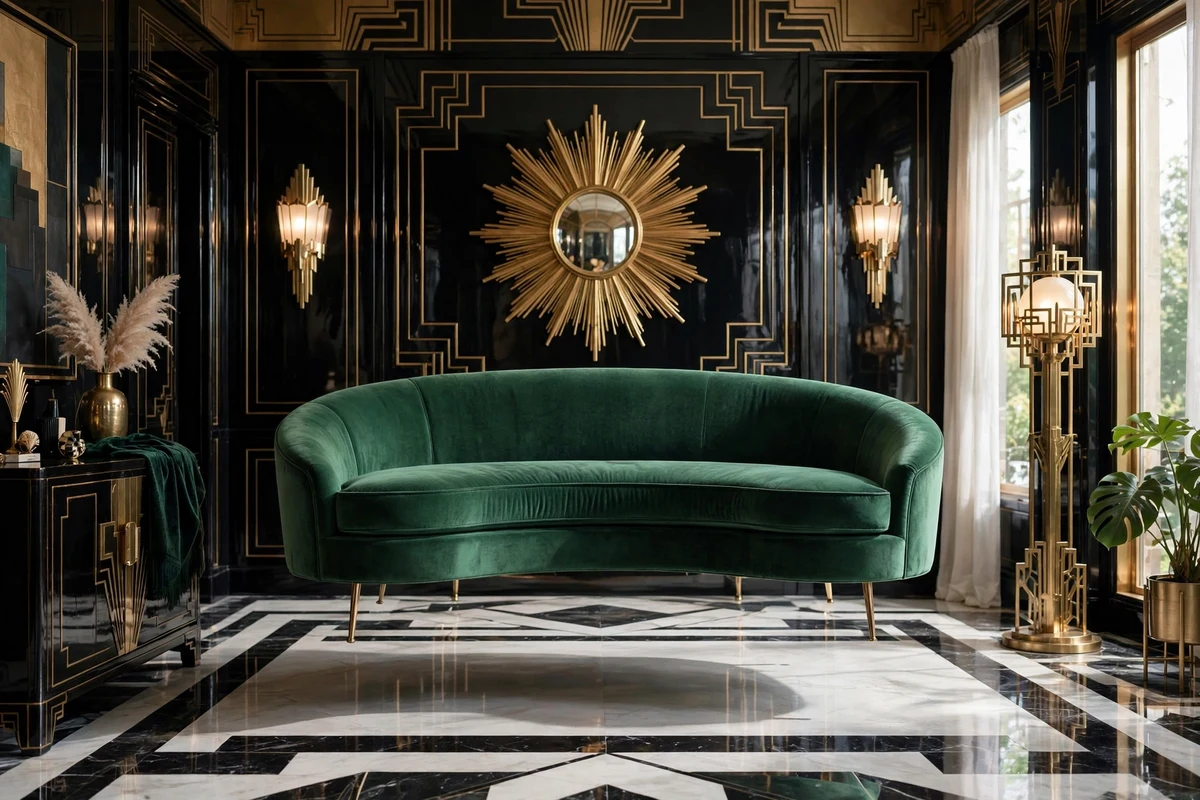 Emerald green curved velvet sofa in an art deco living room