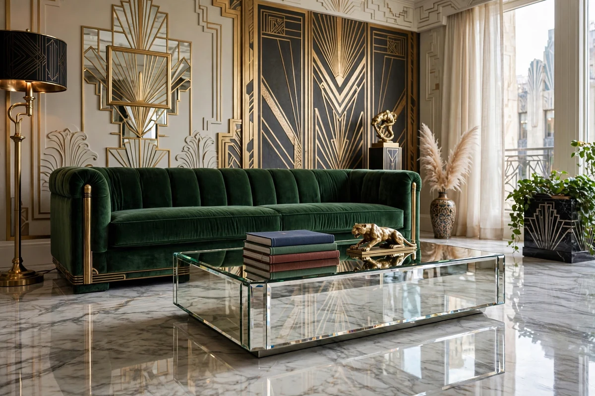 Mirrored coffee table with beveled edges in art deco living room