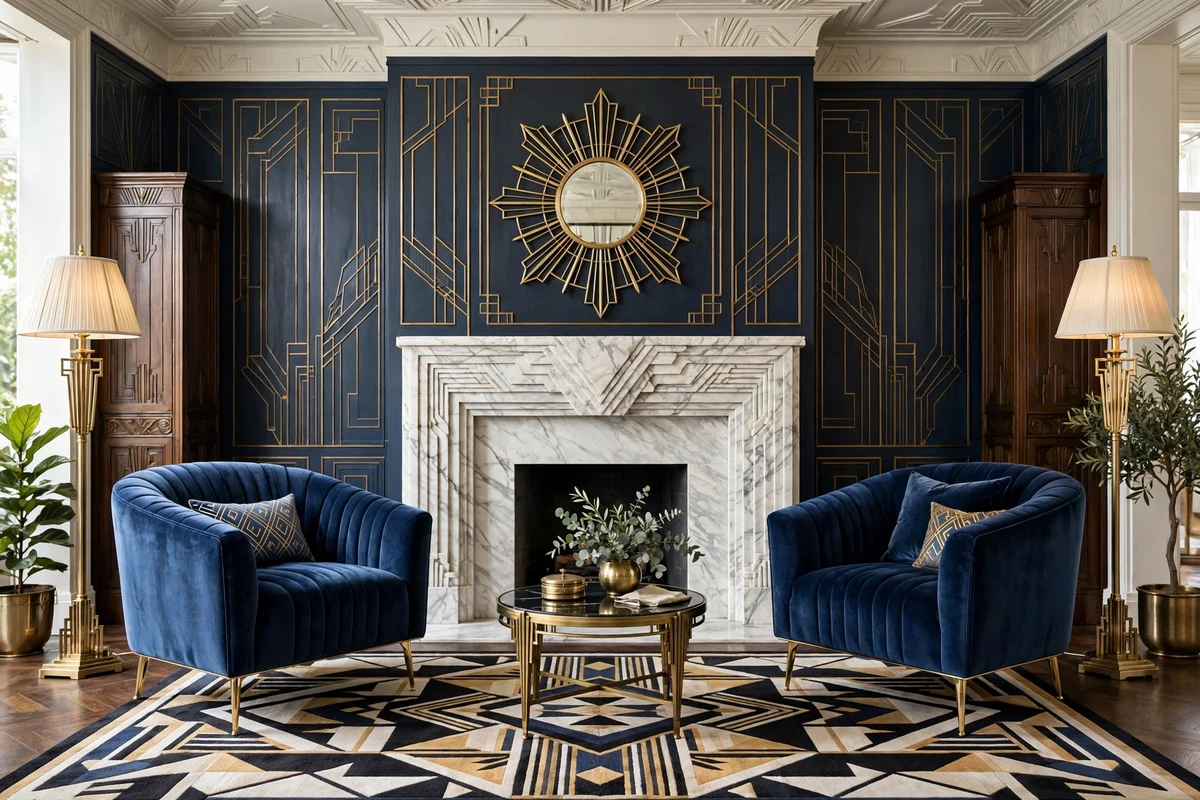 Pair of navy velvet channel-tufted armchairs with brass legs