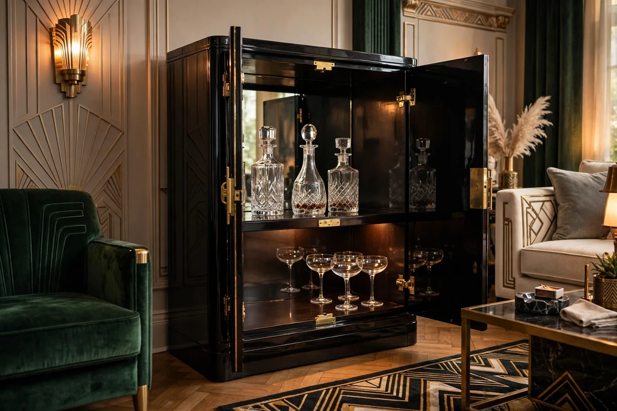 Black lacquered bar cabinet with brass hardware open for entertaining