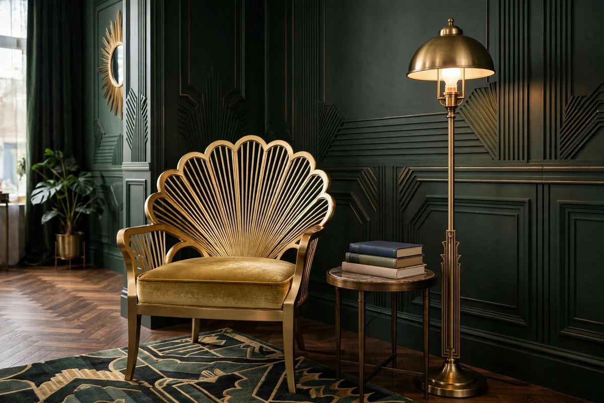Gold fan-back accent chair in a reading corner of art deco living room
