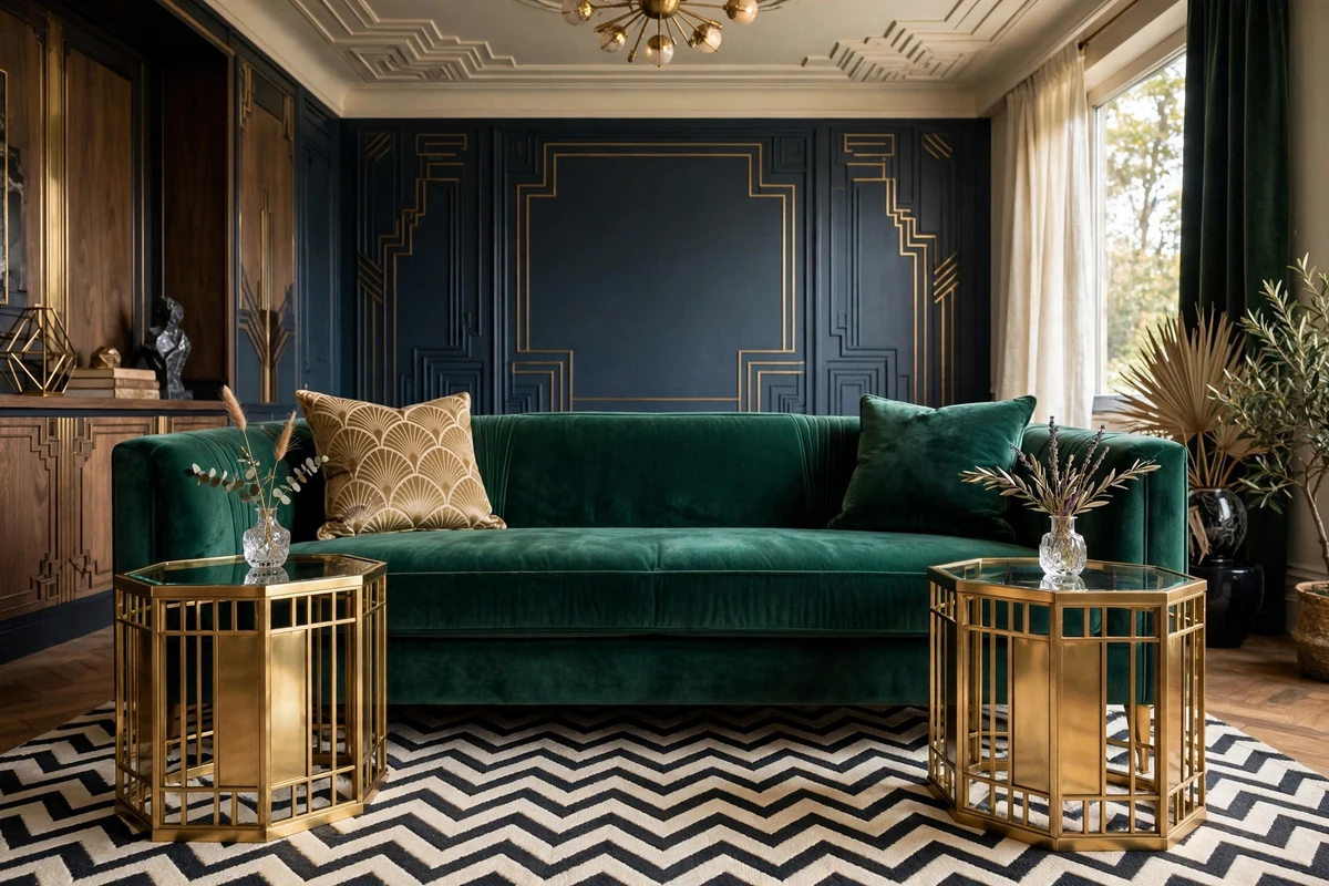 Brass hexagonal side tables flanking a velvet sofa
