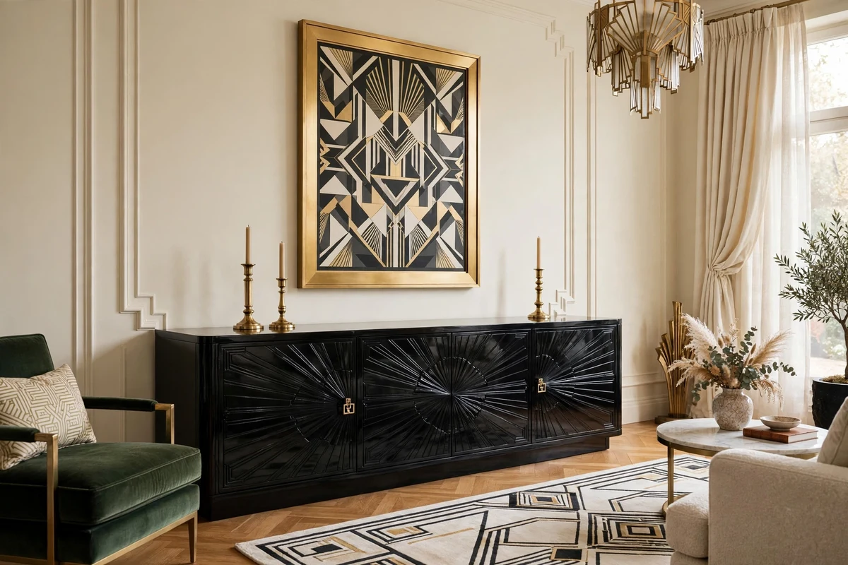 High-gloss black sideboard with sunburst door details in living room