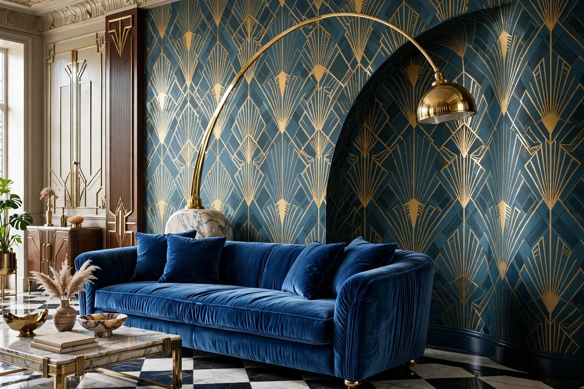 Brass arc floor lamp curving over a velvet sofa in art deco living room