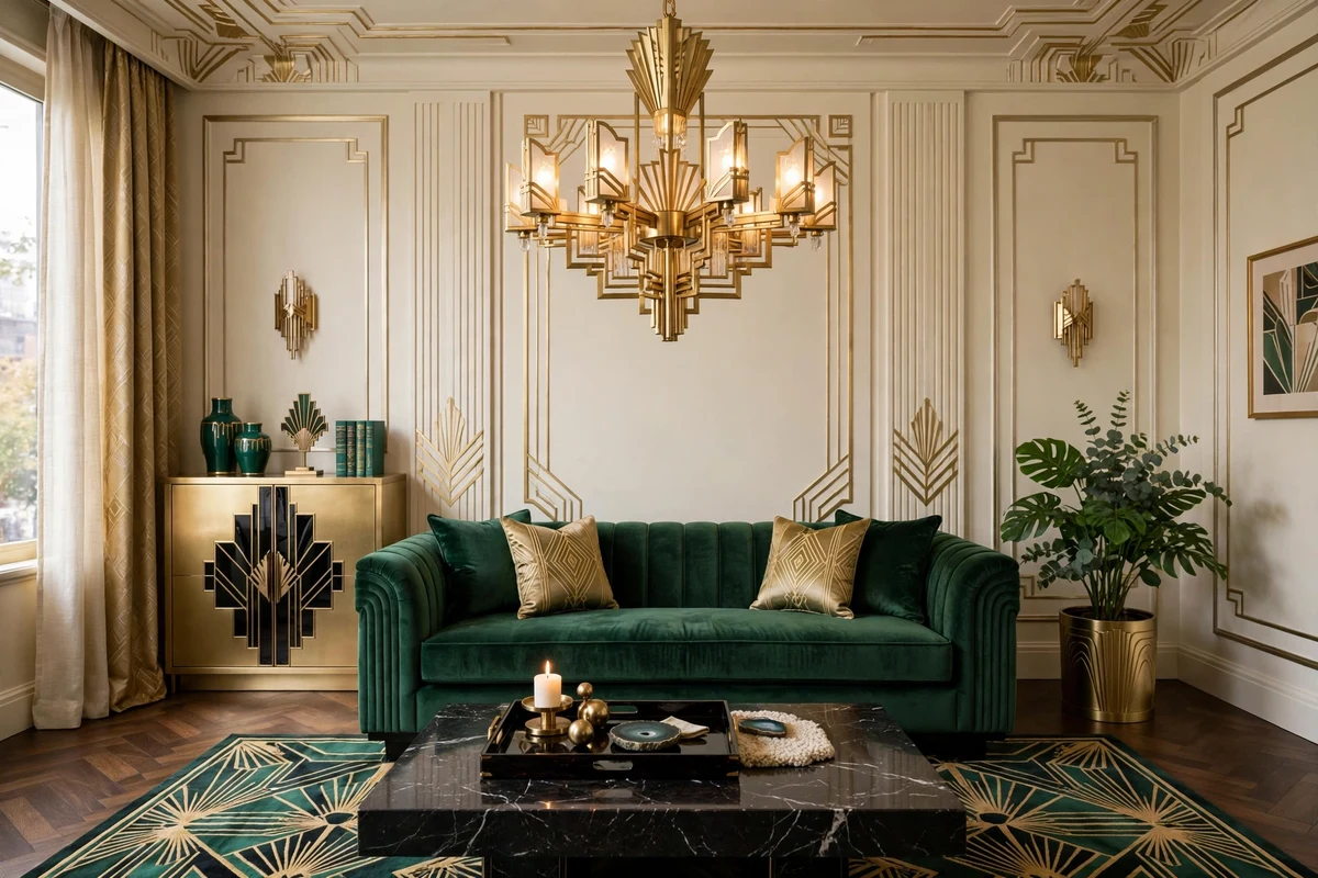 Emerald green and gold art deco living room color palette