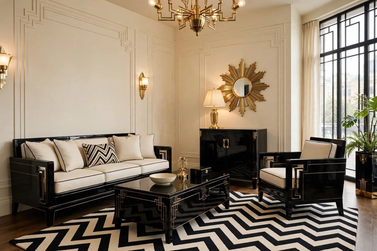Black and cream art deco living room with brass accents