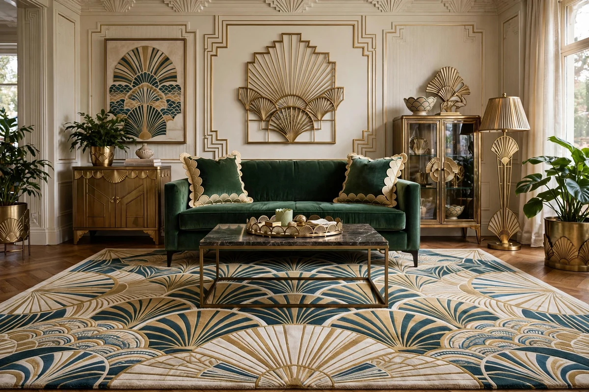Scallop and fan motifs layered in an art deco living room