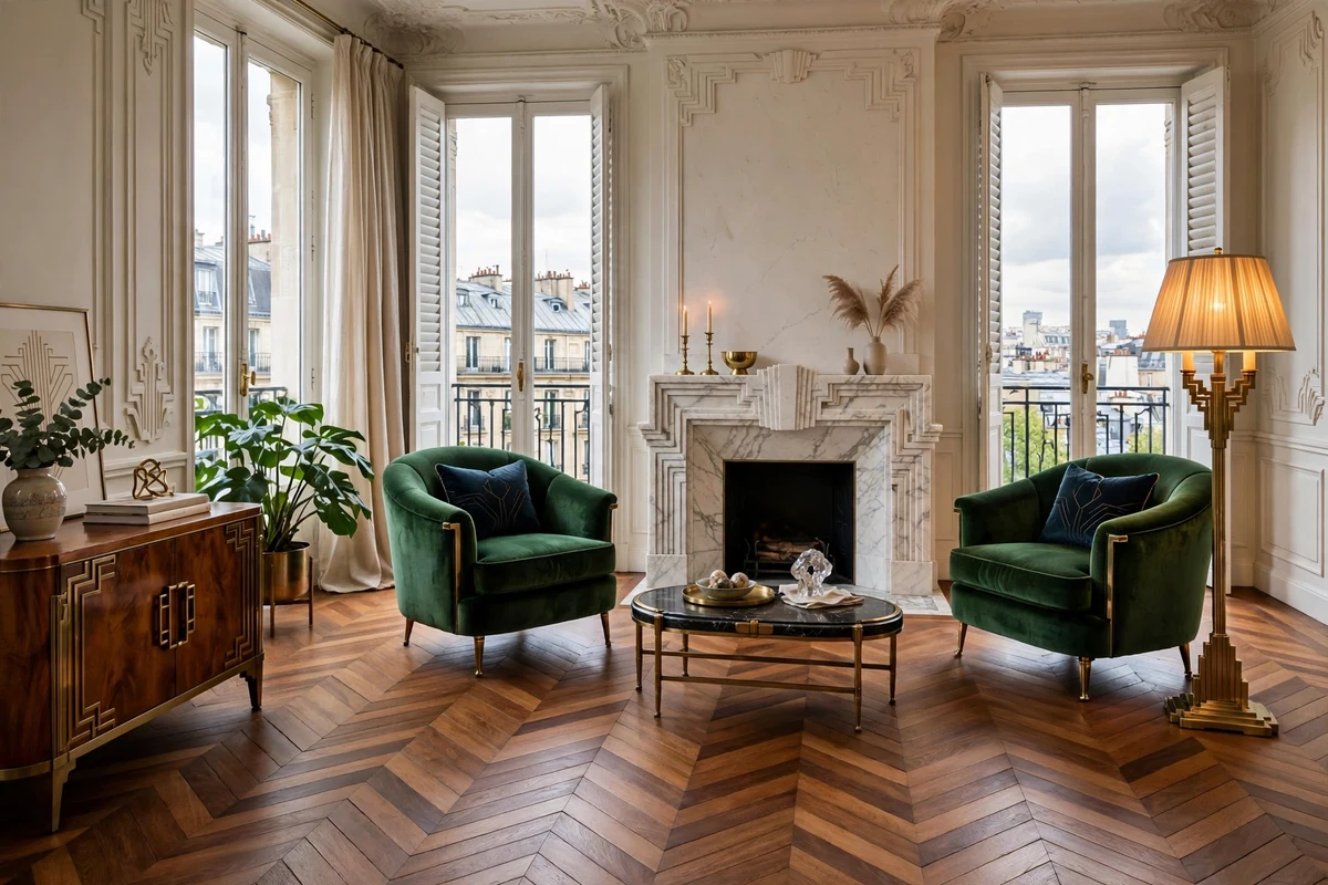 Chevron wood floors in an art deco living room