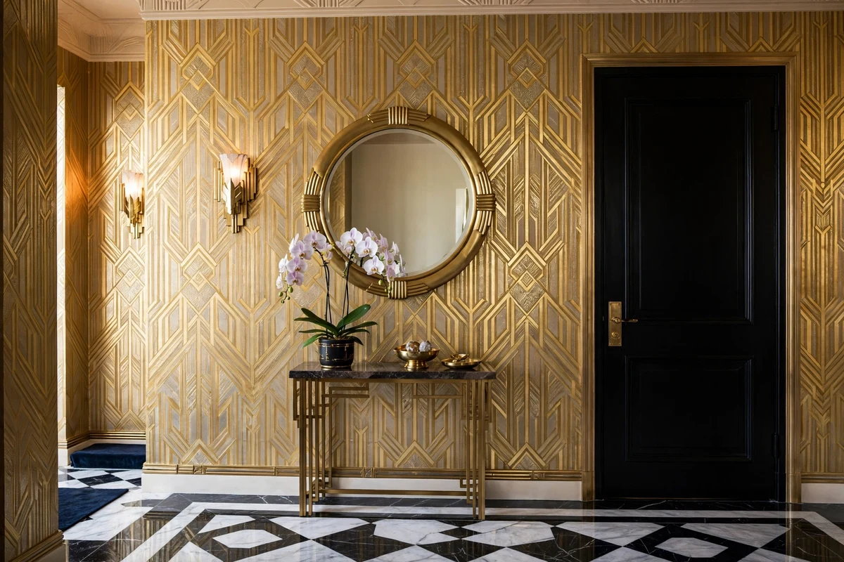 Metallic gold wallpaper in art deco entryway with mirror