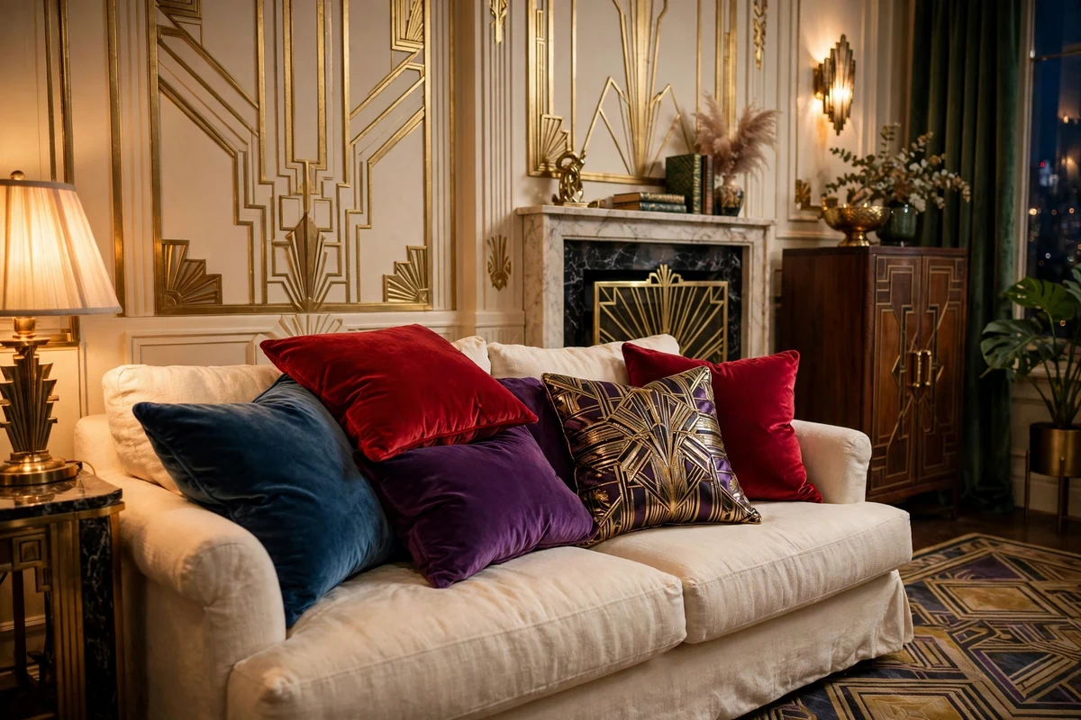 Jewel-toned velvet throw pillows on a cream sofa
