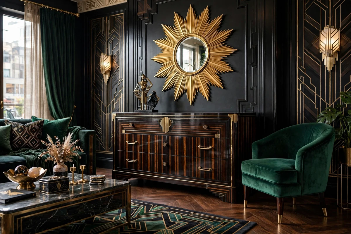 Macassar ebony striped wood dresser in art deco living room