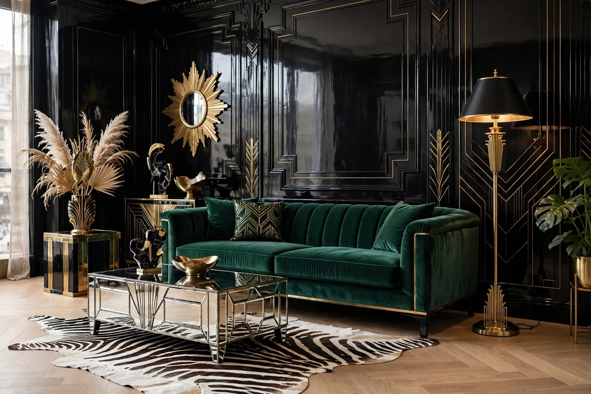 Zebra print rug under coffee table in art deco living room