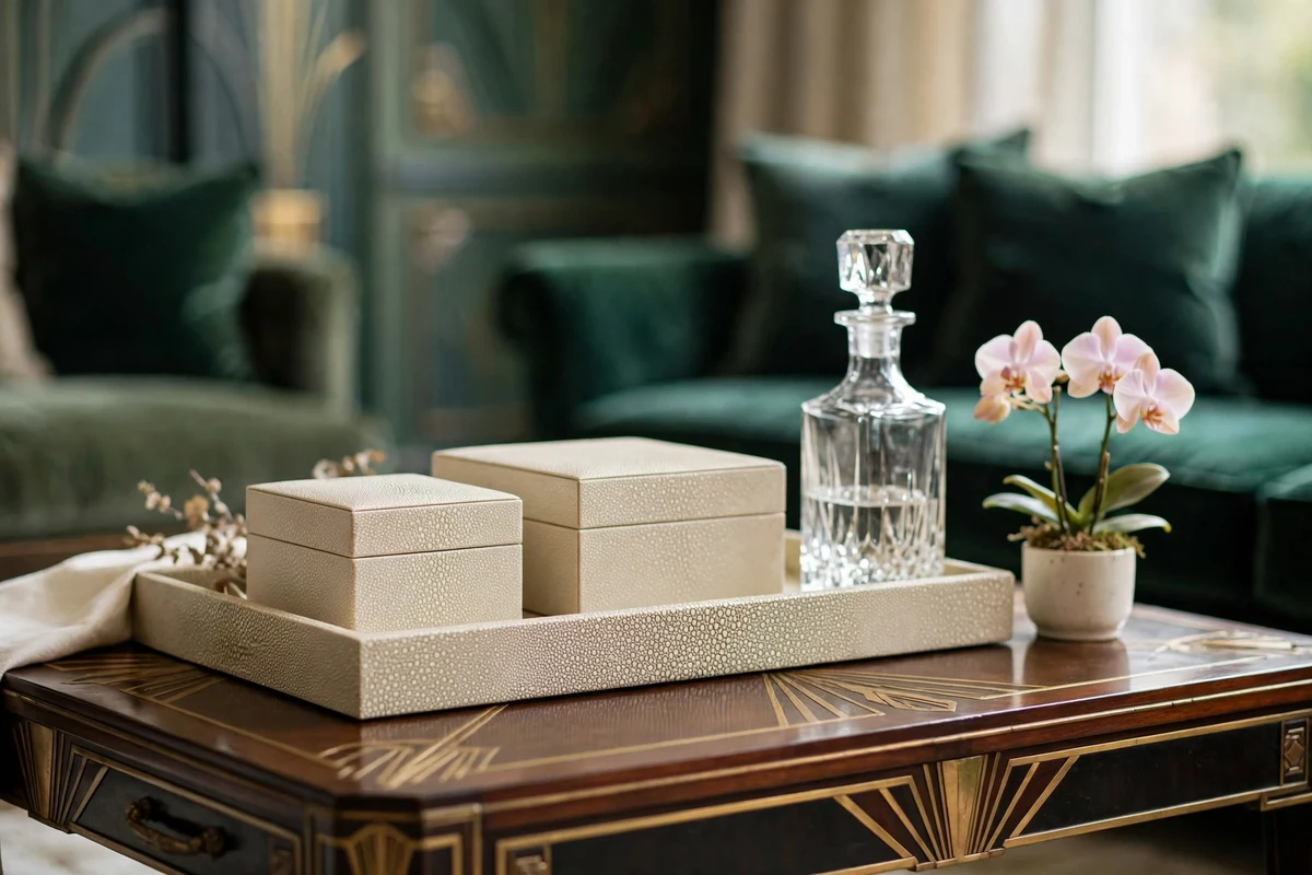 Shagreen textured tray and boxes on art deco coffee table