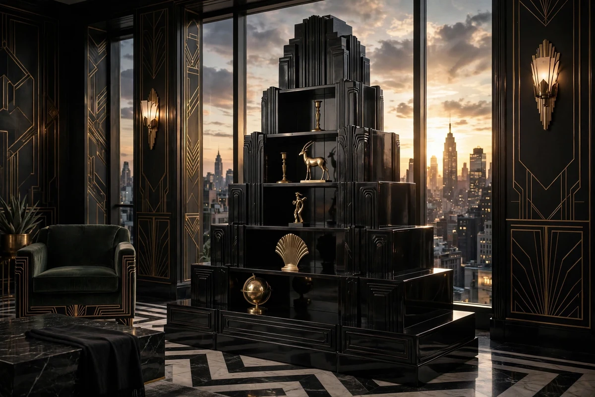 Stepped skyscraper-style shelving in black lacquer with brass objects