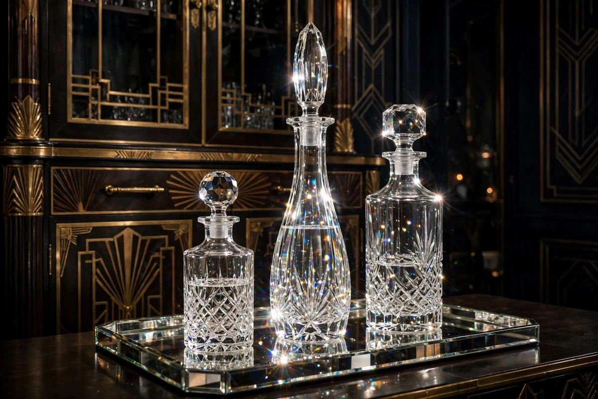 Crystal decanters on mirrored tray in art deco bar setup