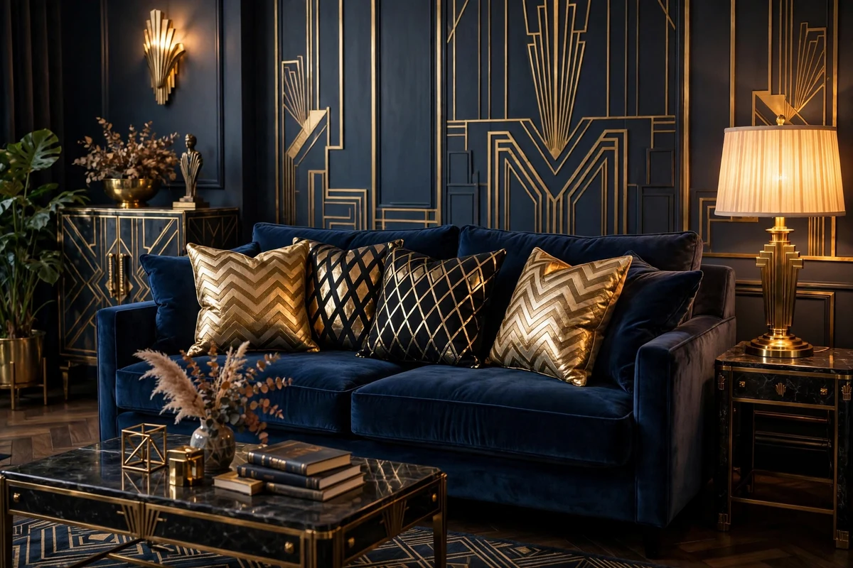 Geometric art deco throw pillows in metallic gold and black