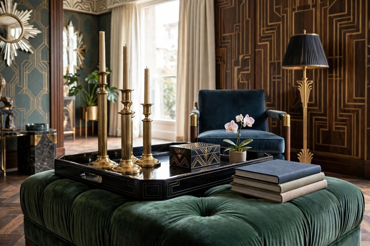 Black lacquered tray styled on ottoman with candles and books