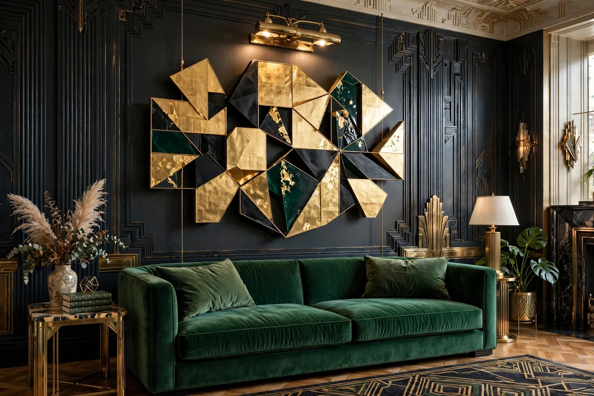 Oversized geometric abstract art with gold leaf above velvet sofa