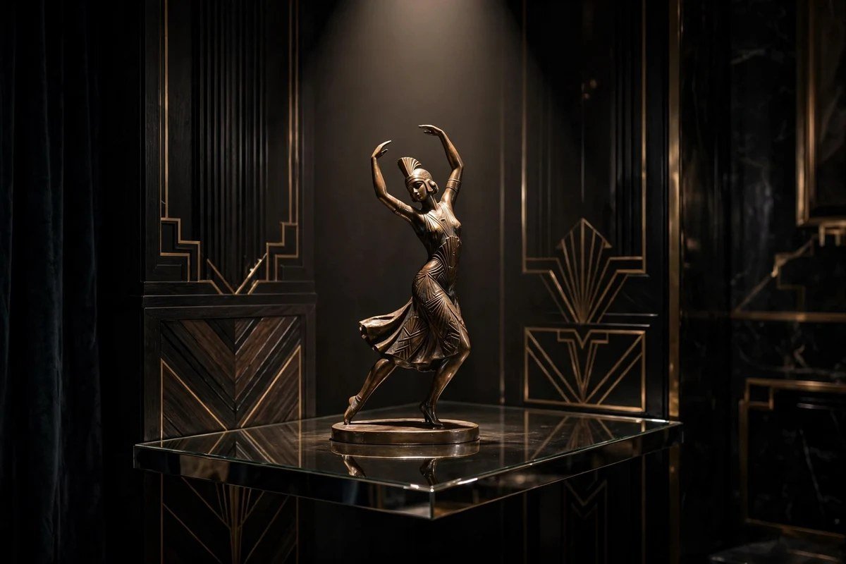 Bronze art deco figurine displayed on mirrored shelf
