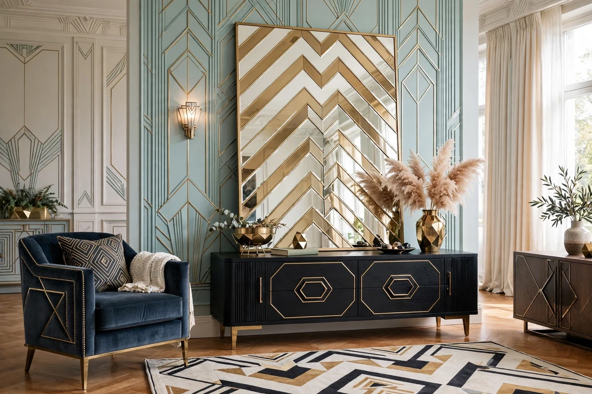 Large chevron mirror leaning behind console in art deco living room